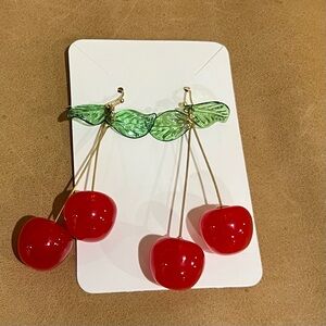 Adorable Cherry Dangle Earrings. Nickel-Free Metal, Post Closure, 2.8" Long